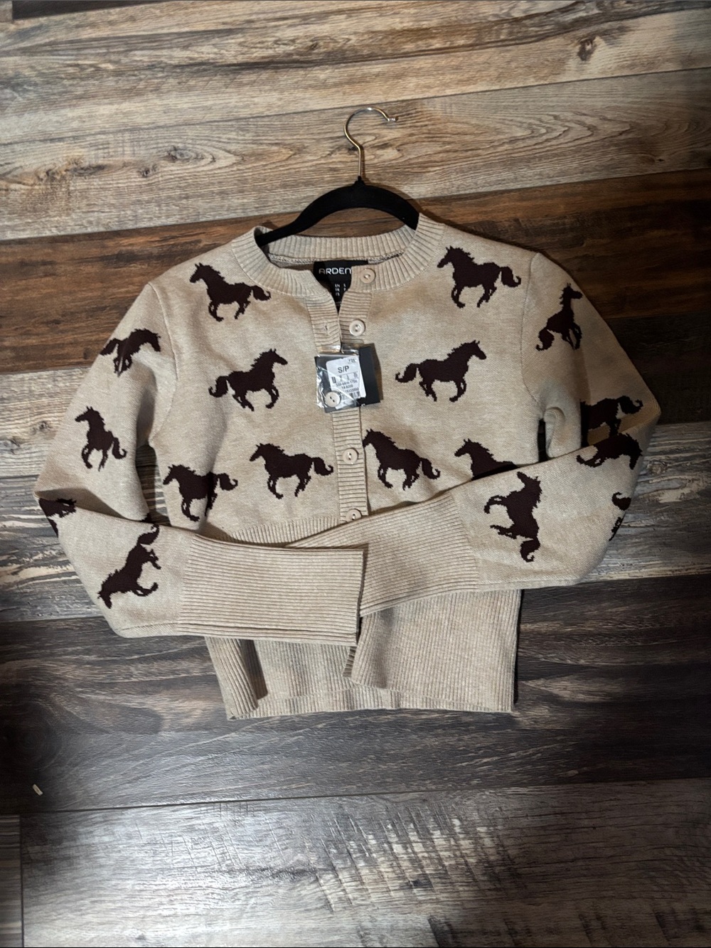 Arden B. Beige Cardigan with Brown Horse Pattern